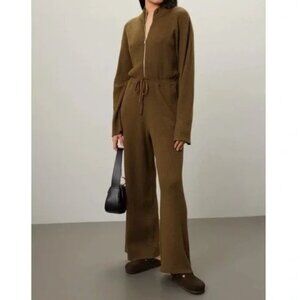 WeWoreWhat Relaxed Leisure Suit Olive Green Knit Long Sleeve Oversized Jumpsuit